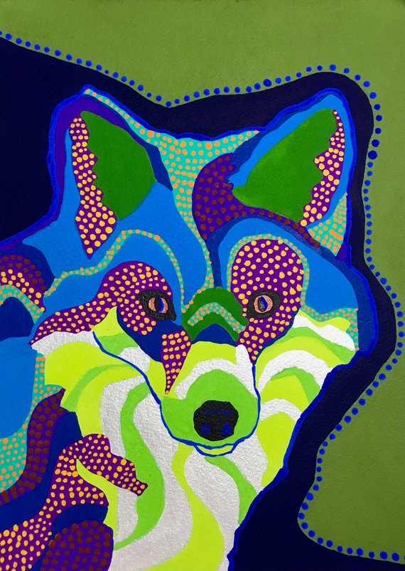 570x803 Fox Gouache Painting Fox Portrait Painting Multicolor Fox - Multi Color Fox Painting