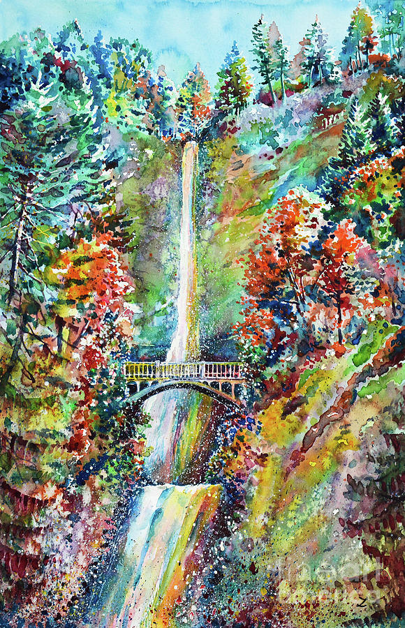 580x900 Autumn At Multnomah Falls Painting By Zaira Dzhaubaeva - Multnomah Falls Painting