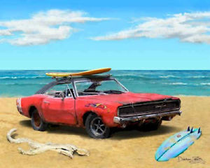 300x240 Dodge Charger Art Print Picture ~ Muscle Car Painting With Beach - Muscle Car Painting