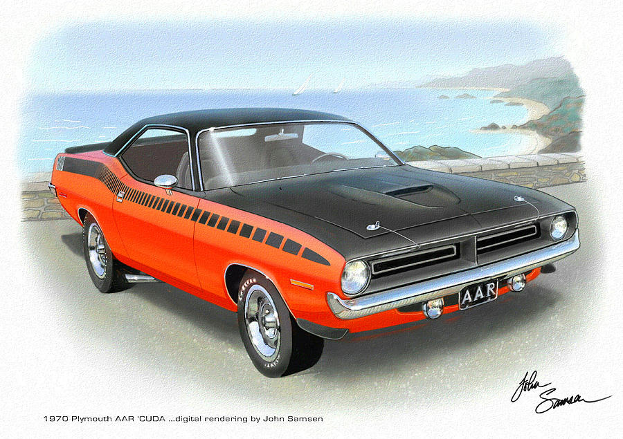 900x635 1970 Barracuda Aar Cuda Classic Muscle Car Painting By John Samsen - Muscle Car Painting