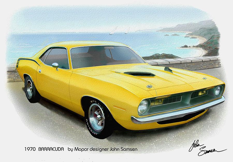 900x626 1970 Barracuda Classic Cuda Plymouth Muscle Car Sketch Rendering - Muscle Car Painting