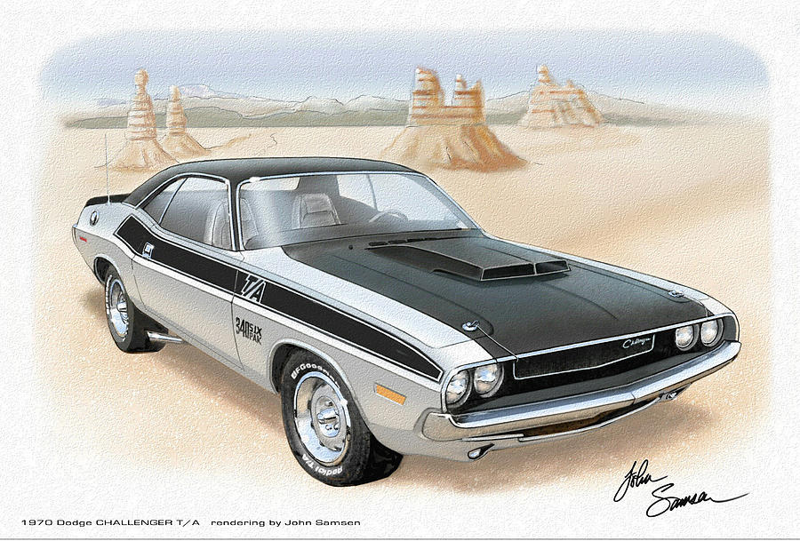 900x609 1970 Challenger T A Dodge Muscle Car Sketch Rendering Painting By - Muscle Car Painting