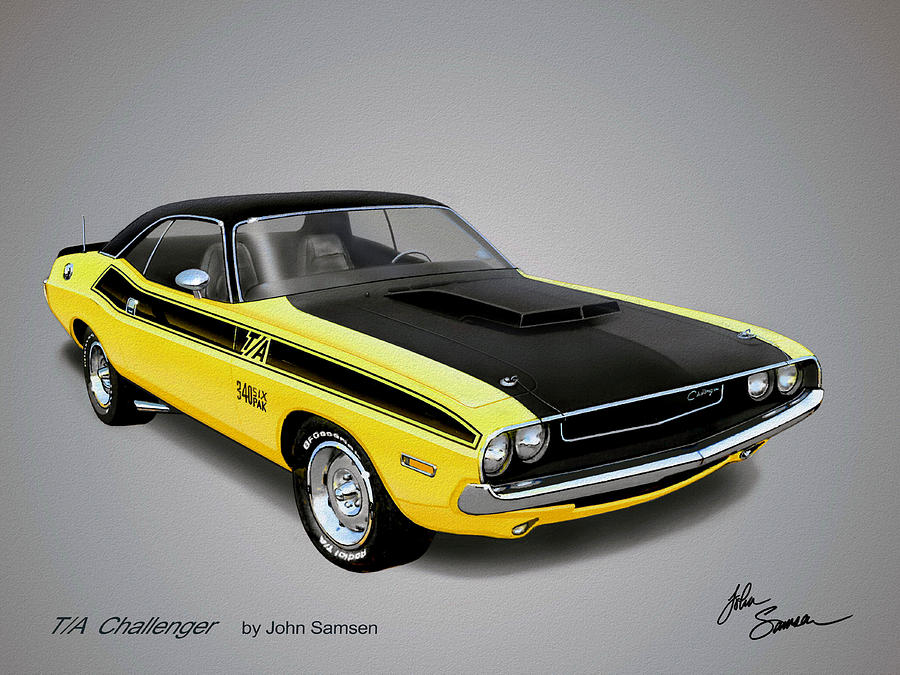 900x675 1970 Challenger T A Muscle Car Sketch Rendering Painting By John - Muscle Car Painting