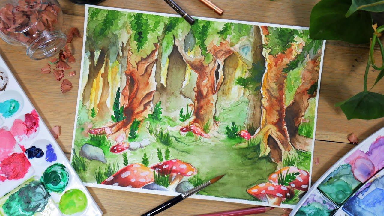 1280x720 Enchanted Mushroom Forest Watercolor Painting - Mushroom Forest Painting