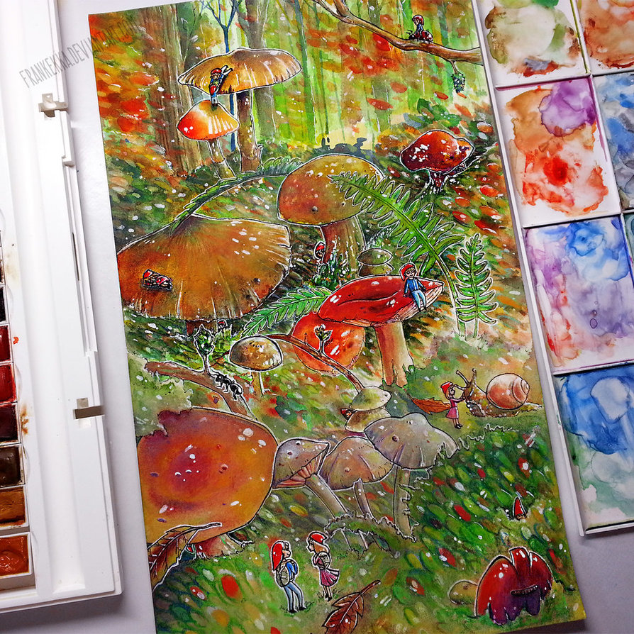 894x894 Mushroom Forest } Watercolor Painting By Frankekka - Mushroom Forest Painting