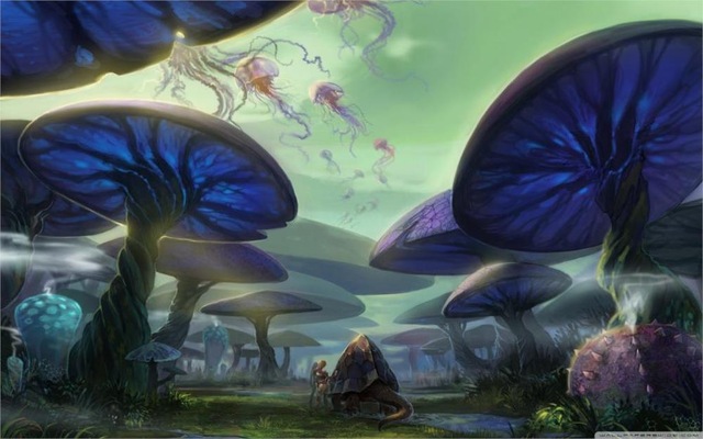 640x400 Cartoon Mushroom Forest 5 Sizes Silk Fabric Canvas Oil Painting - Mushroom Forest Painting