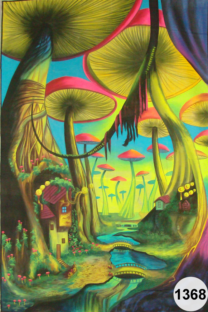 667x1000 Mushroom Village, Fluorescent Painting Glow In Dark, Uv Glow - Mushroom Painting