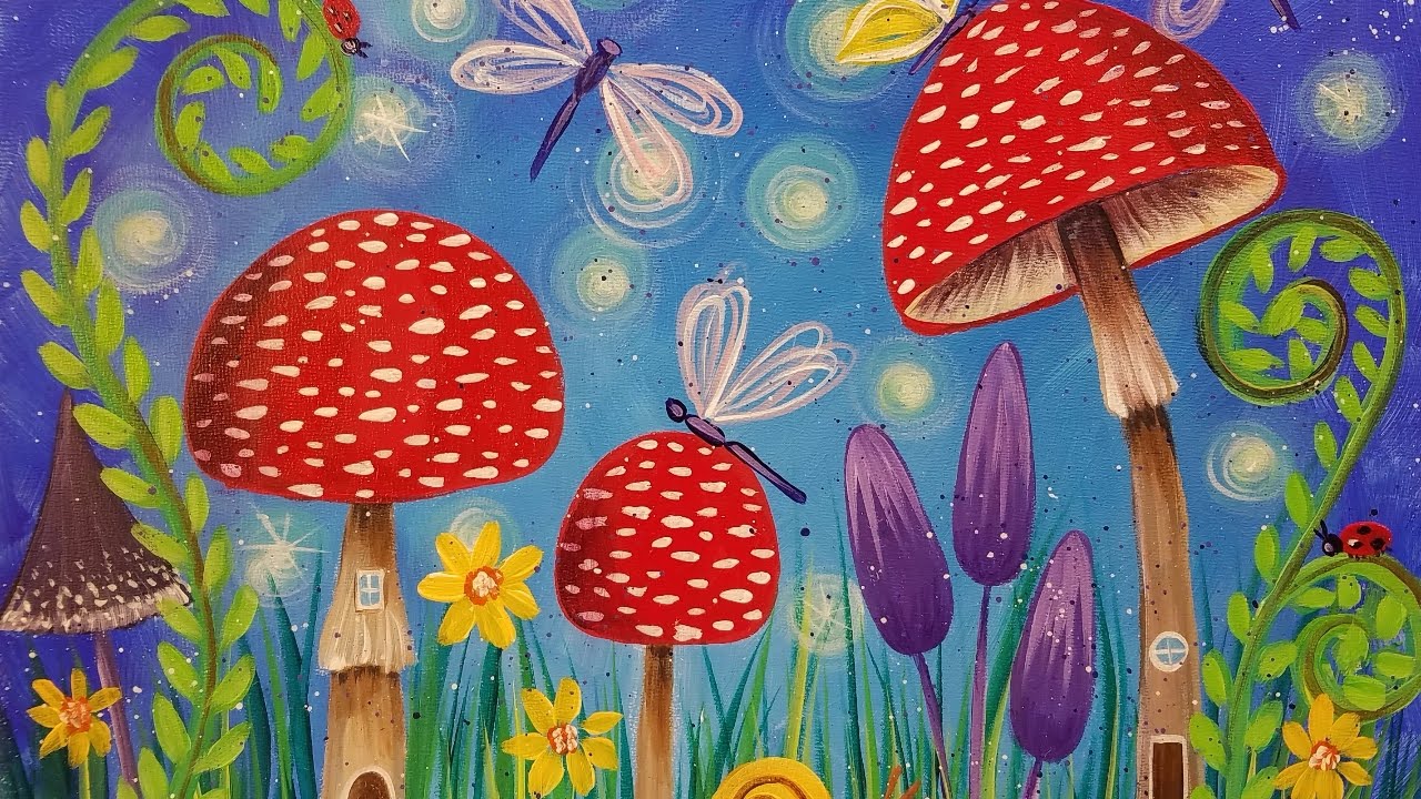 1280x720 Mushrooms Fairy Garden Beginner Acrylic Tutorial Live Painting - Mushroom Painting
