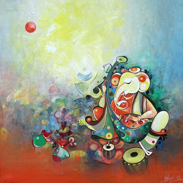 637x637 Ganesha Playing Music By Artist M Singh Religious Art Acrylic - Music Painting