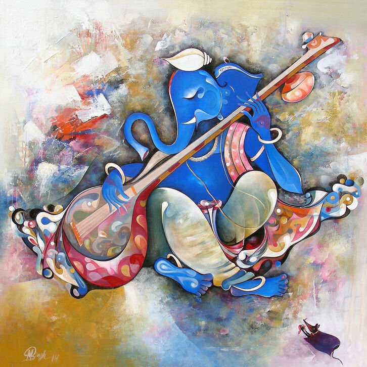 726x726 Musical Ganesha By Artist M Singh Religious Art Acrylic Paintings - Musical Painting