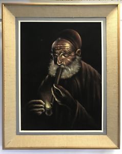 238x300 Vtg Middle Eastern Old Man Painting Black Velvet Framed Art Pipe - Muslim Painting