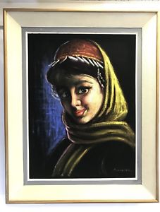 227x300 Vtg Woman Middle Eastern Painting Black Velvet Framed Art Hijab - Muslim Painting