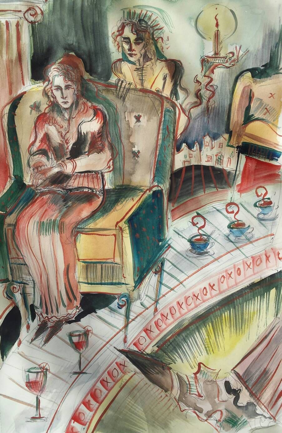 903x1385 Coffee And Wine Original Surreal Painting Cafe Woman Bar Secrets - My Wifes Lover Painting