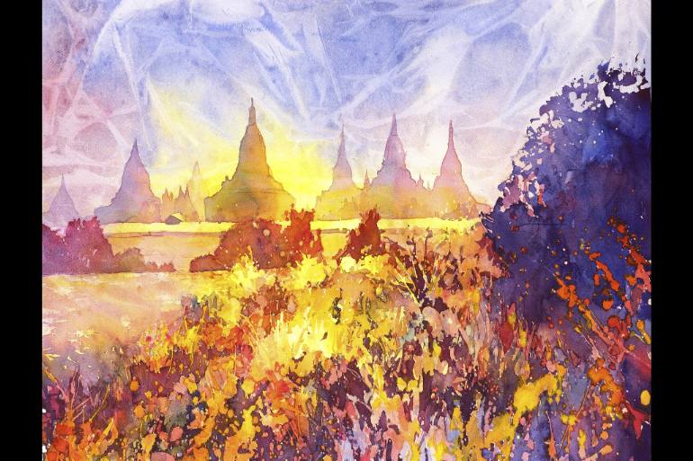 770x513 Saatchi Art Fine Art Watercolor Painting Ruined Pagodas - Myanmar Painting