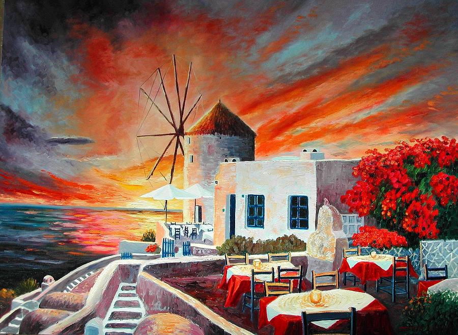 900x657 Sunset At Mykonos Painting By Santo De Vita - Mykonos Painting