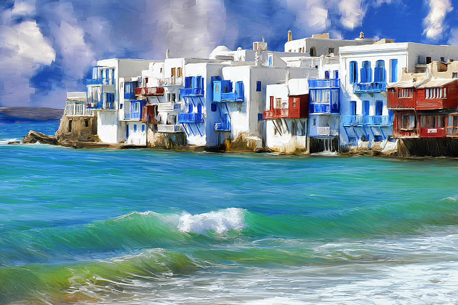 900x600 Waterfront At Mykonos Painting By Dominic Piperata - Mykonos Painting