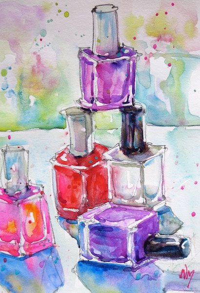 410x600 Hand Painted Original Watercolour Painting Of Colourful Nail - Nail Polish Painting