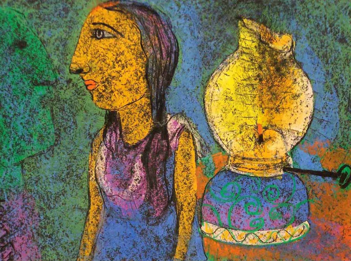 1200x892 Lady With Lamp By Artist Manoj Dutta Naive, Painting Mojarto - Naive Painting