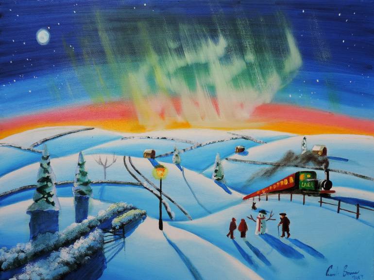 770x575 Saatchi Art The Northern Lights Winter Naive Art Landscape - Naive Painting