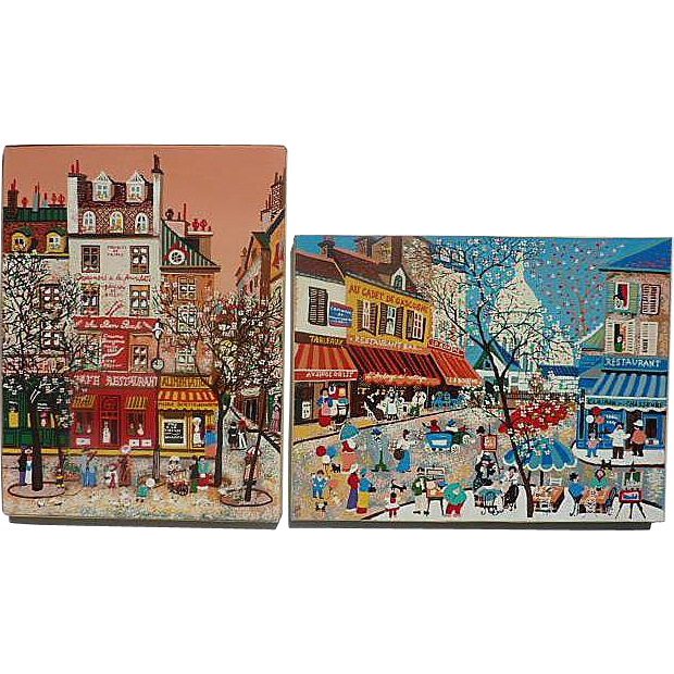 620x620 Pair Colorful France Paris Street Scene Primitive Folk Art - Naive Painting Style