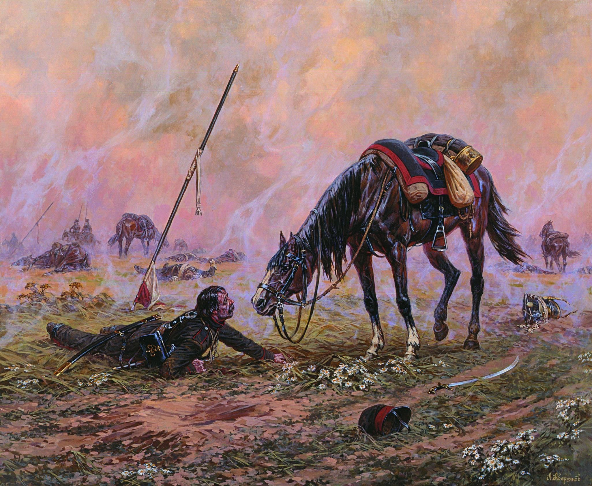 2052x1685 Wwounded Cossack Rider And His Horse. Russian Images - Napoleonic War Painting