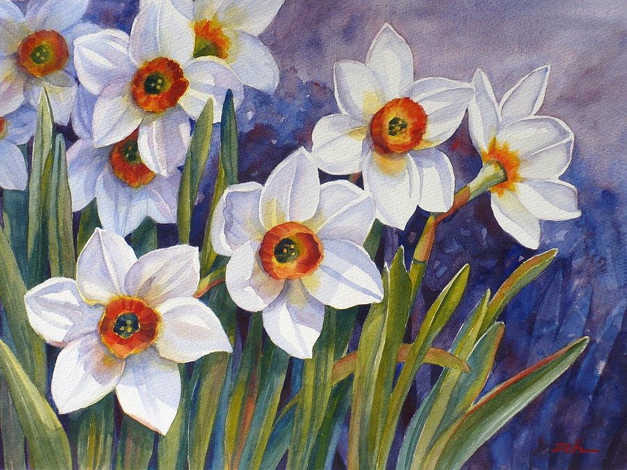 900x675 Narcissus Daffodil Flowers Painting By Janet Zeh - Narcissus Flower Painting