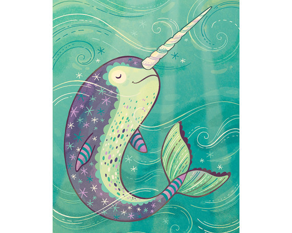 570x456 Narwhal Art Happy Swimming Narwhal Illustration, Available - Narwhal Painting