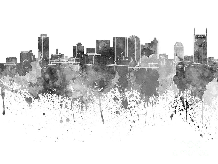 900x675 Nashville Skyline In Black Watercolor On White Background Painting - Nashville Skyline Painting
