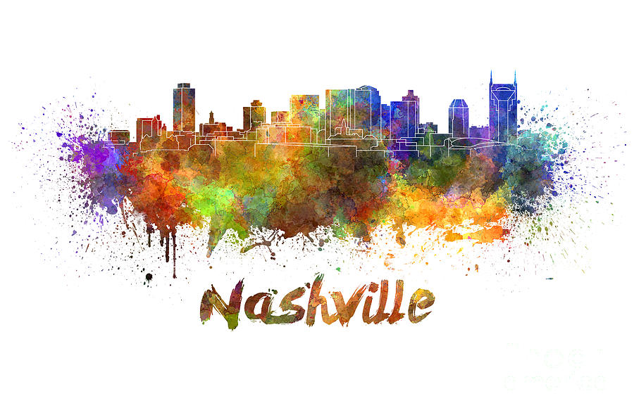 900x590 Nashville Skyline In Watercolor Painting By Pablo Romero - Nashville Skyline Painting
