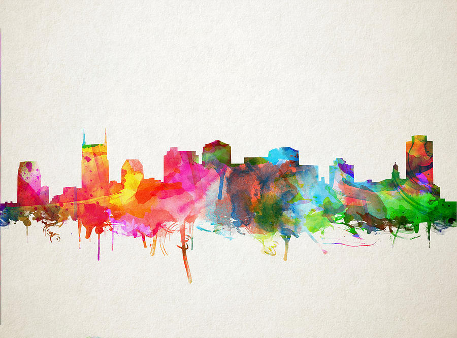 900x666 Nashville Skyline Watercolor 9 Painting By Bekim Art - Nashville Skyline Painting