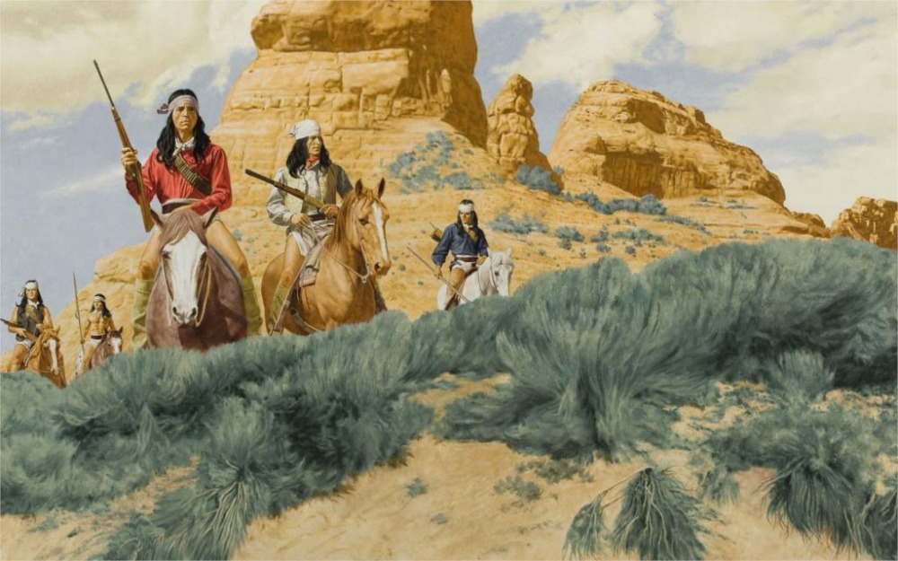 1000x625 Indian Drawing Horses Riders Guns Native American Western Painting - Native American Canvas Painting