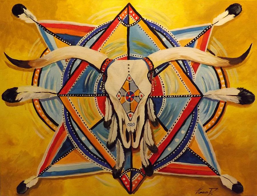 900x685 Native American Art Longhorn Mandela 18x24 Acrylic On Canvas - Native American Canvas Painting