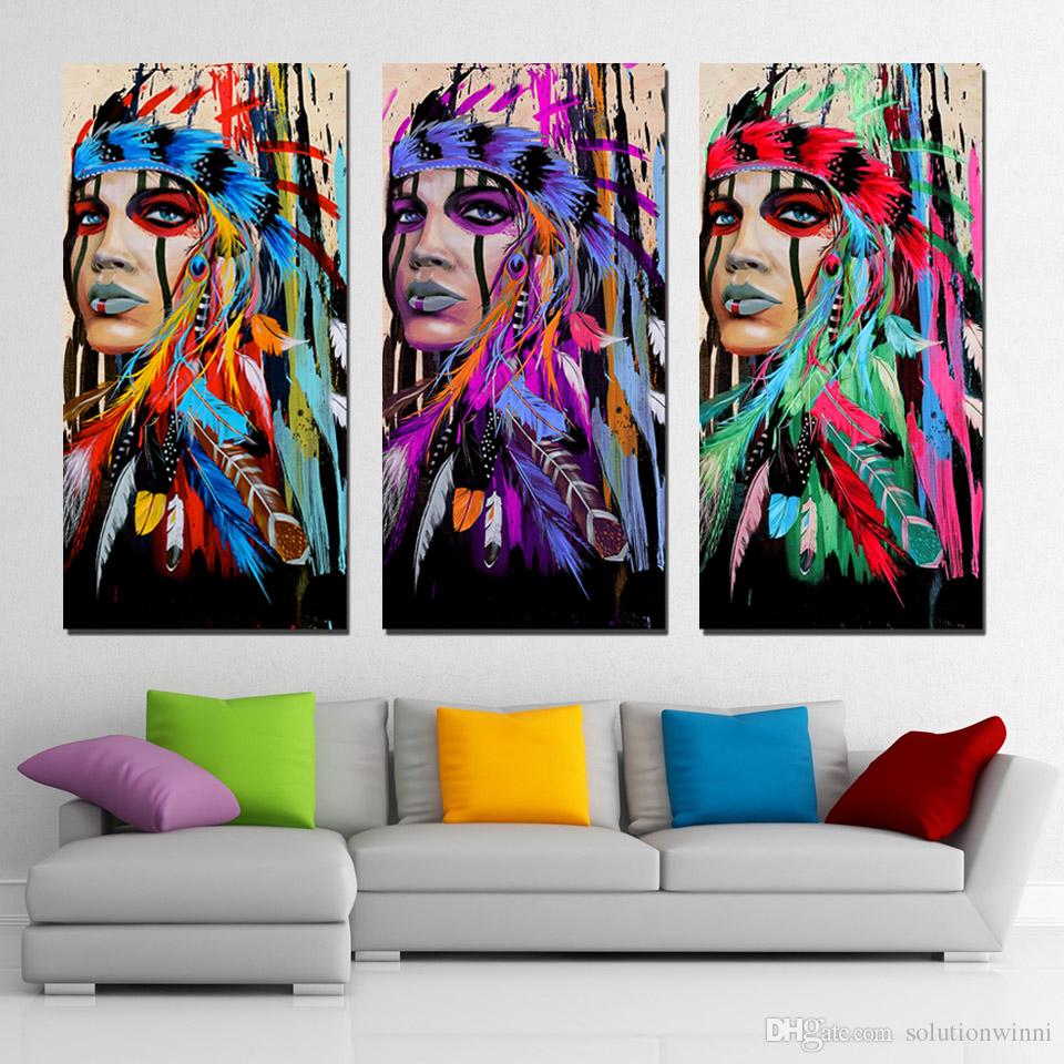 960x960 2018 3 Panels Canvas Art Native American Indian Feather Home Decor - Native American Canvas Painting