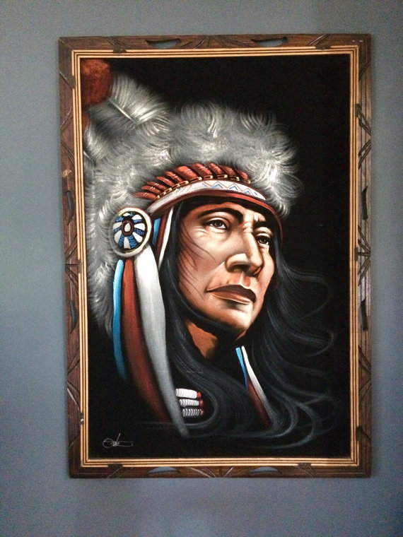 570x760 Vintage 1970s Velvet Painting Native American Chief Velvet - Native American Chief Painting