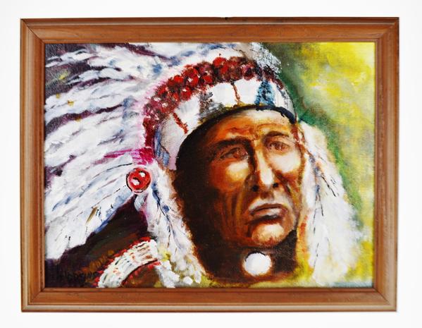 599x465 Framed Oil On Board Signed Painting Portrait Of Native American - Native American Chief Painting