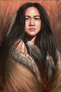 200x300 Native American Indian Girl Painting Artwork Signed Canvas Print - Native American Girl Painting