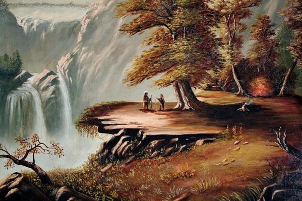 599x399 Romanticized Ve American Folk Art Painting Of A Beautiful - Native American Landscape Painting