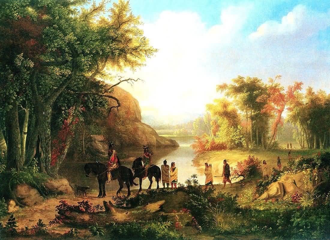 1100x799 Thomas M Burnham Indians In Sunset River Landscape - Native American Landscape Painting