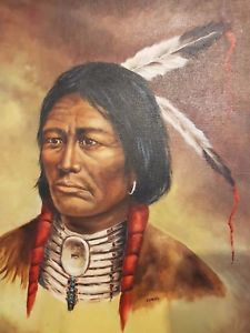225x300 Old Native American Portrait Oil Painting On Canvas In Good - Native American Portrait Painting