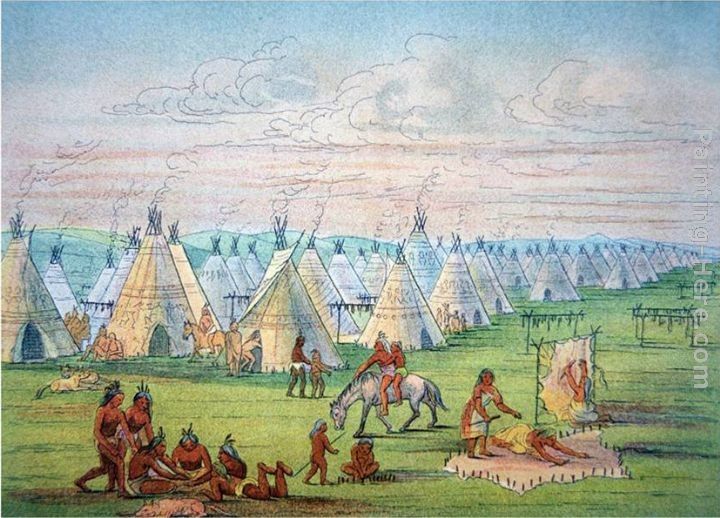 720x518 George Catlin Sioux Camp Scene Painting 50% Off - Native American Village Painting