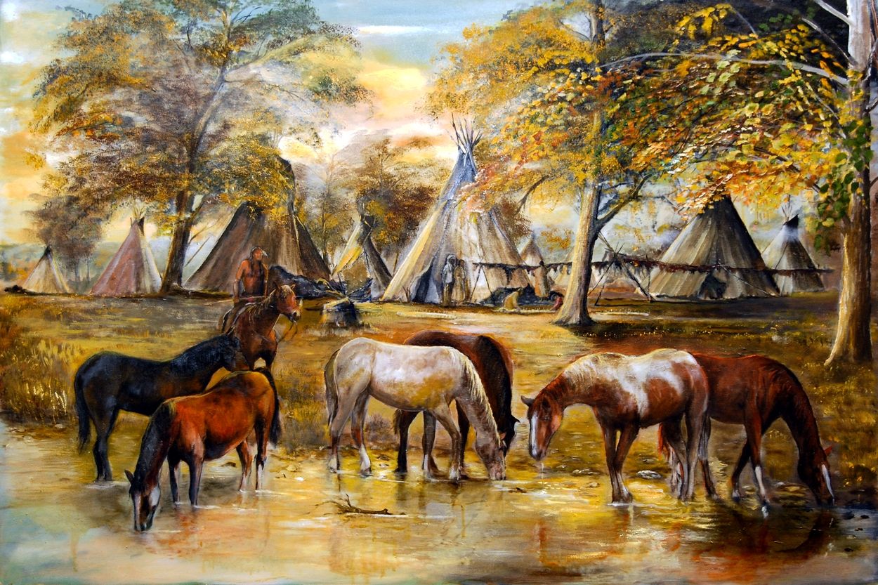 1250x833 Indian Ponies ~ Native American Village By Patrick Rahming - Native American Village Painting