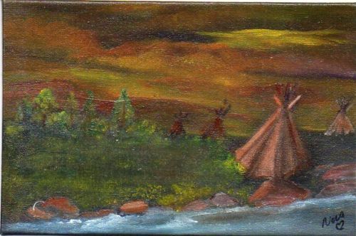 500x332 Oswoa 4x6in Orig Art Canvas Oil Painting Native American Village - Native American Village Painting