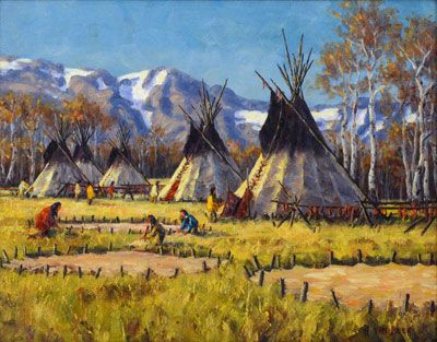 400x313 Oil On Board Native American Village With Mountains - Native American Village Painting