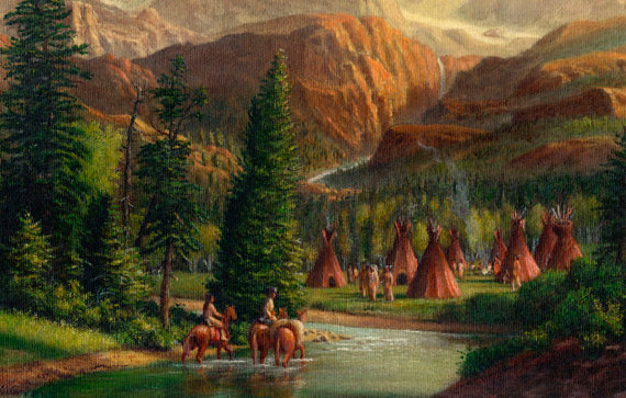 570x363 Western Decor Native American Print Indian Village Trapper - Native American Village Painting