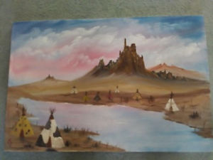 300x225 Bob Ross Style Wet On Wet Oil Painting. Native American Village - Native American Village Painting