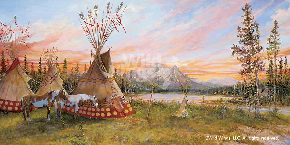 950x475 Evening Fire Indian Village Art Collection Wild Wings - Native American Village Painting