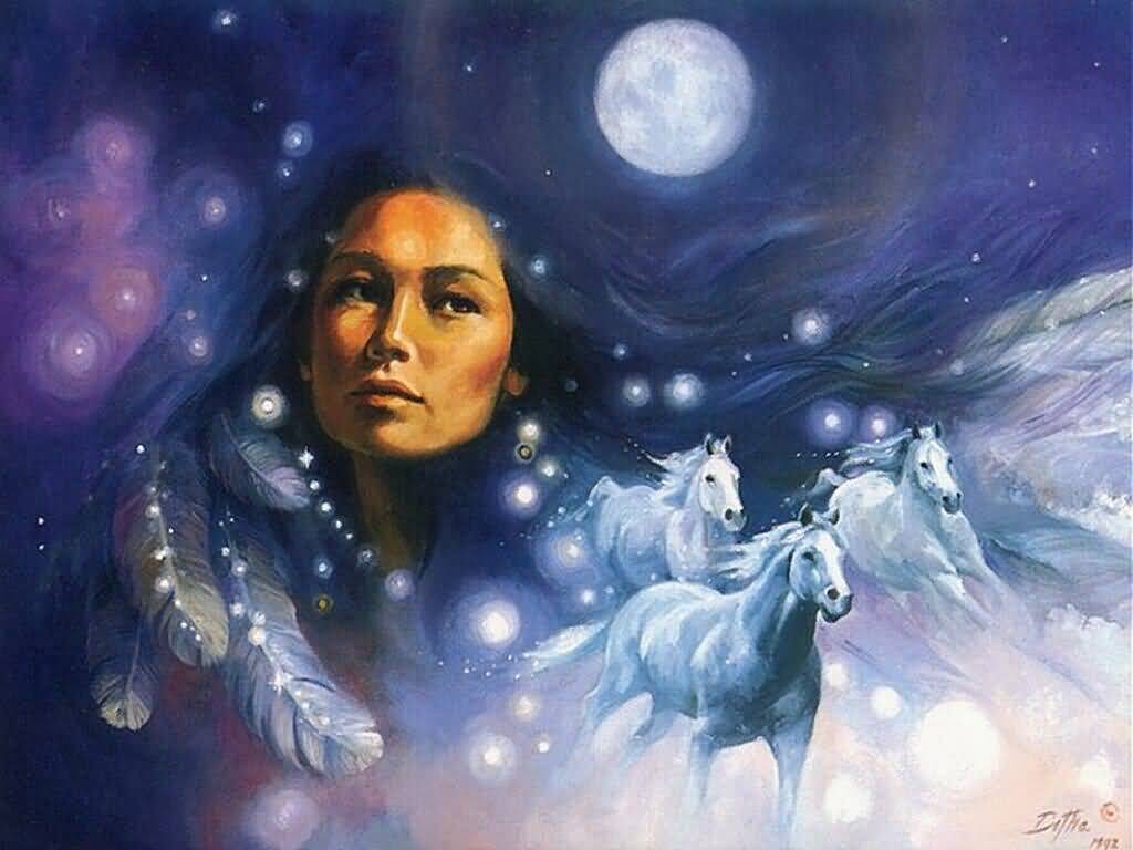 1024x768 Native American Woman In Full Moon Night Sky - Native American Woman Painting