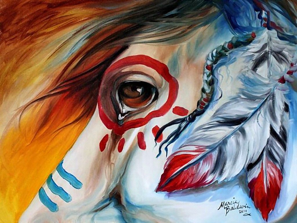 1024x768 Horses War Horse F2 Equine Marcia Baldwin Native American Painting - Native Horse Painting