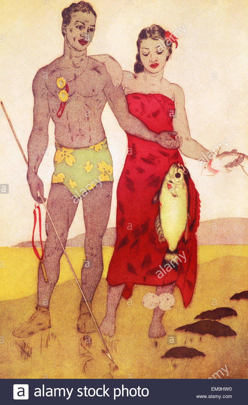 853x1390 Archival Illustration, Native Hawaiian Man And Woman Stand - Native Woman Painting