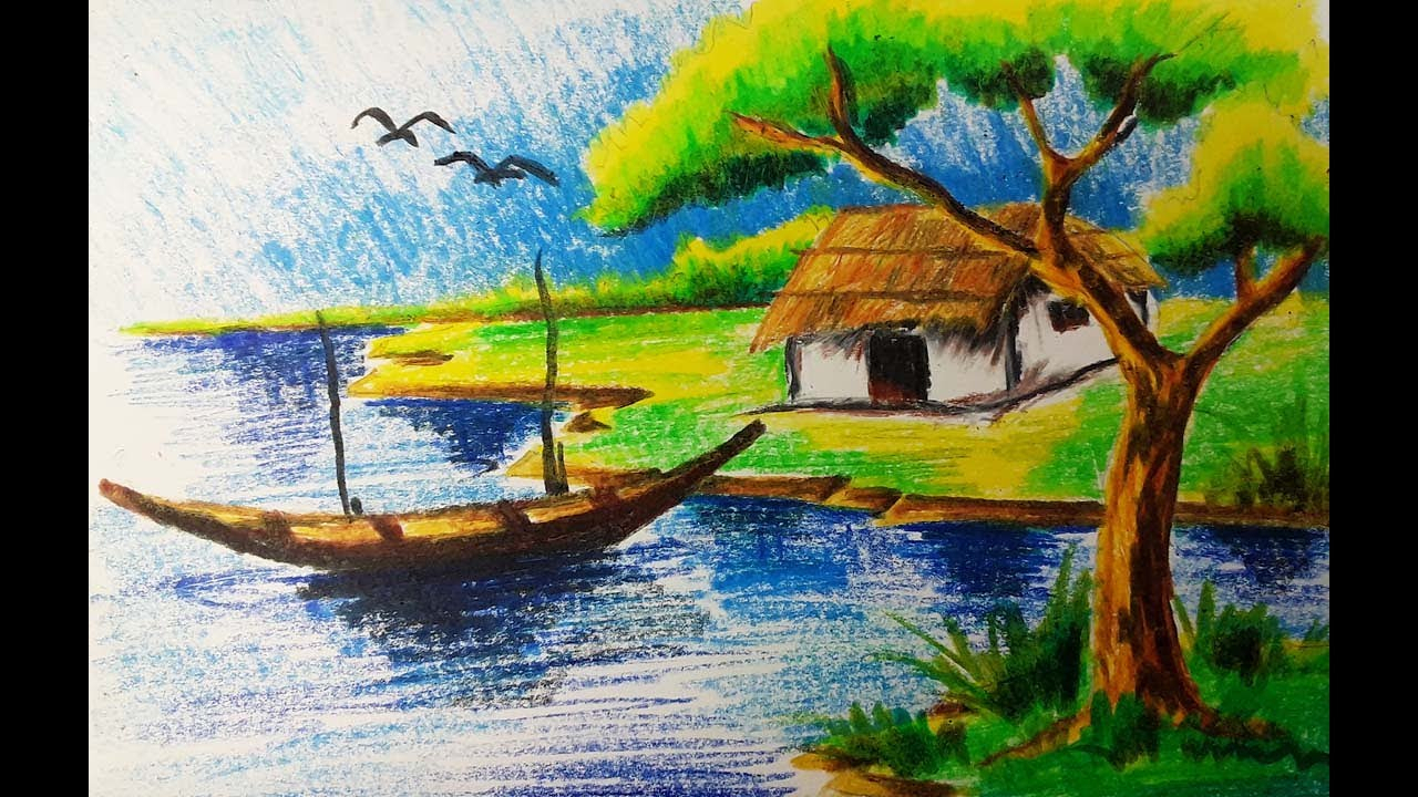 1280x720 Paatel Drawing Scenary Natural Scenery Painting Oil Pastel Drawing - Natural Scenery Painting